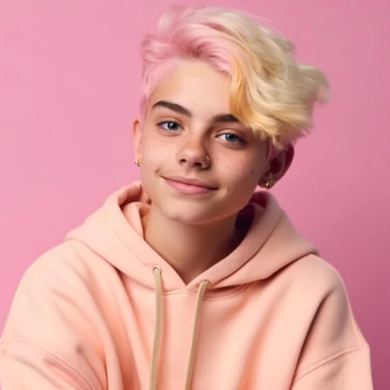 teen wearing a pink sweatshirt in front of pink background