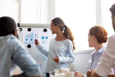 woman presenting at whiteboard